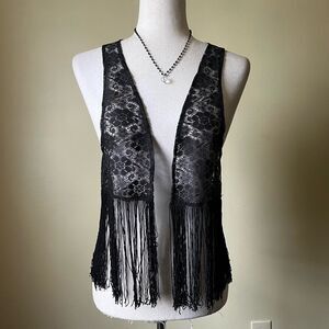 Vintage Black Lace Fringe Vest Small 70s Boho Festival Stevie Nicks Fairycore
